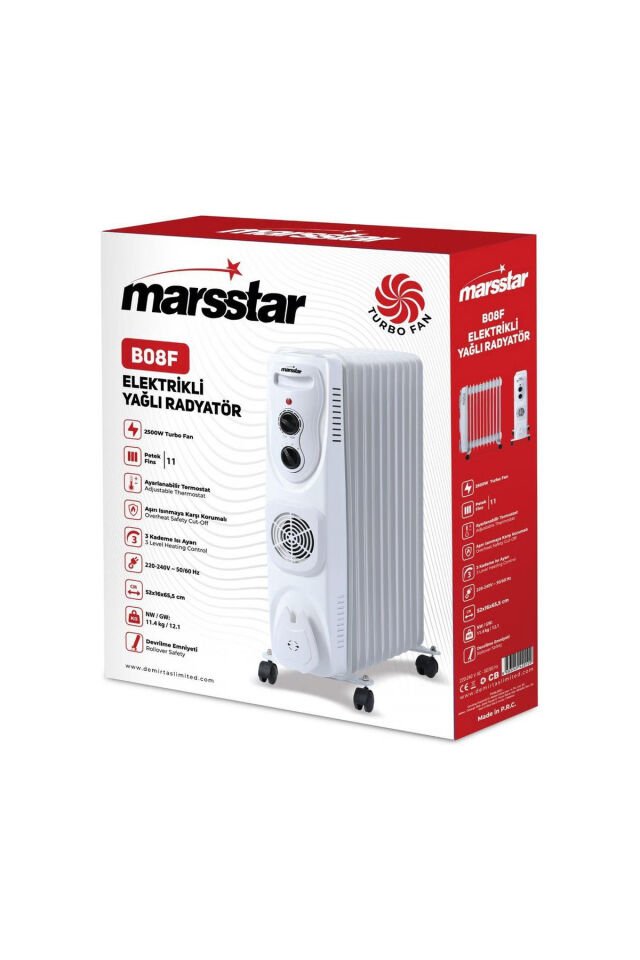 B08F Turbo Fanlı 11 Dilim Elektrikli Yağlı Radyatör, 2500 Watt Petek Isıtıcı Beyaz - Tek Ebat