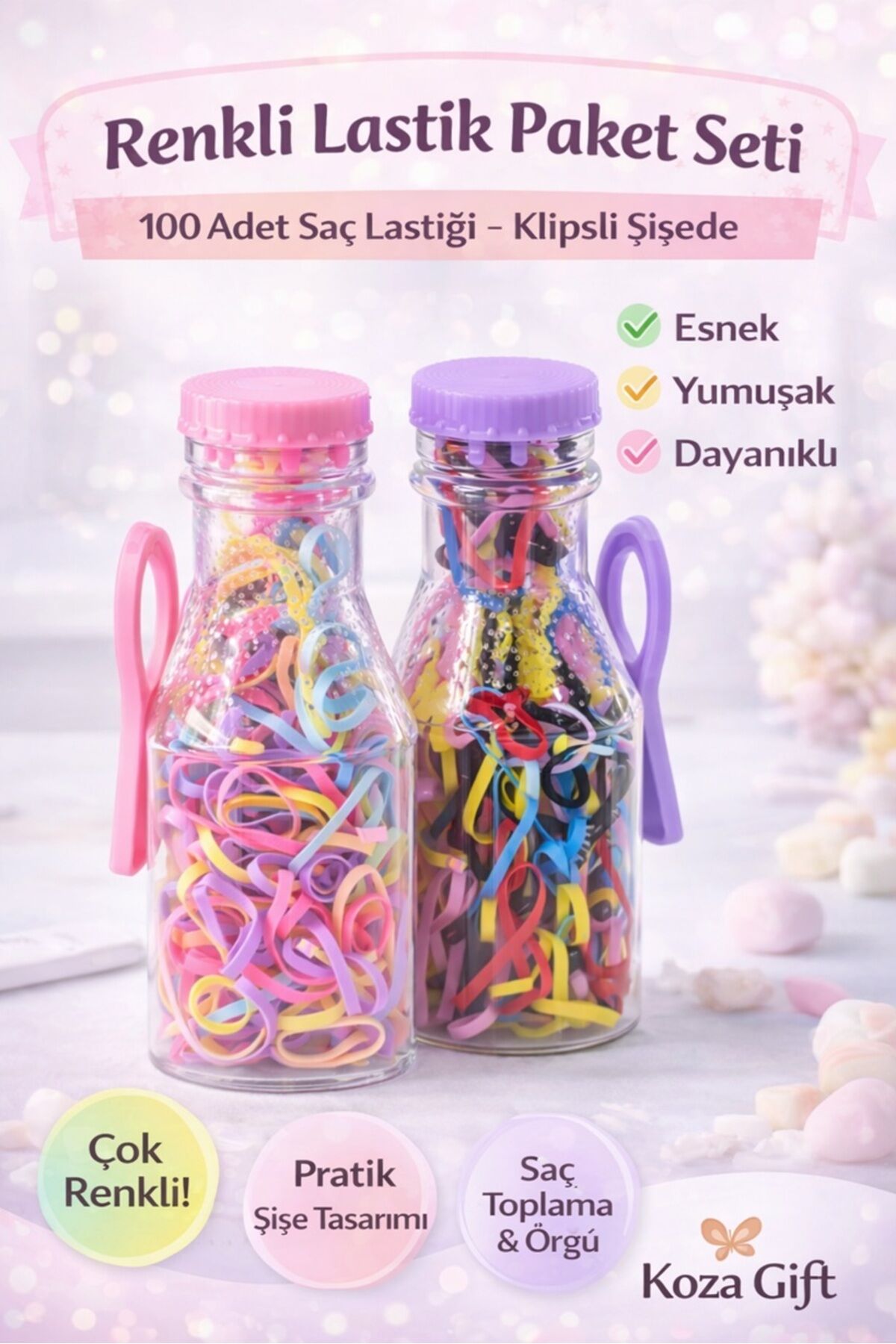 100 Adet Renkli Saç Lastiği Seti – Klipsli Şişede Mini Lastik – Kız Çocuk Saç Toplama Lastiği