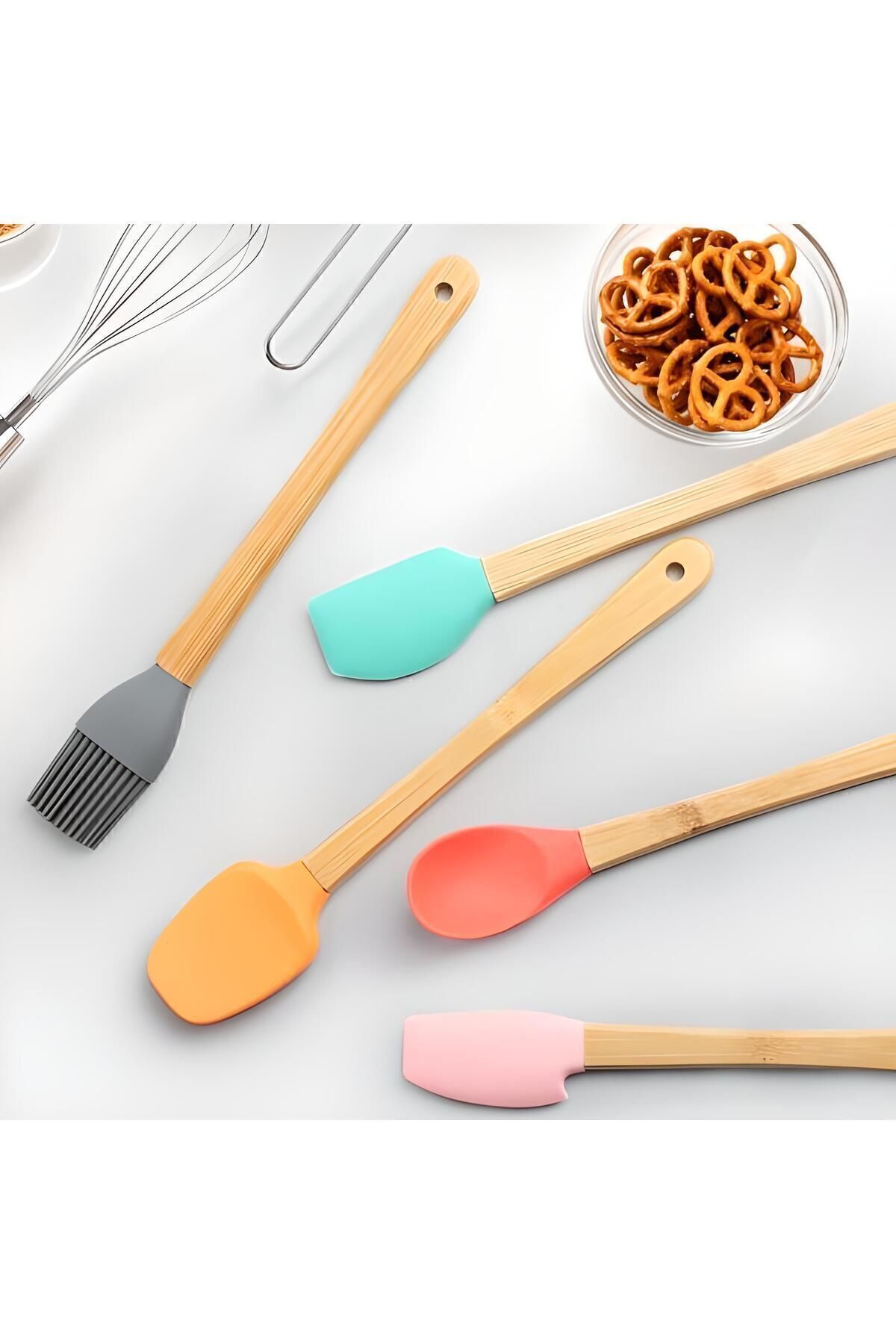 5'li Renkli Bambu Saplı Silikon Uçlu Spatula Fırçalı Kaşık Seti Glrshop