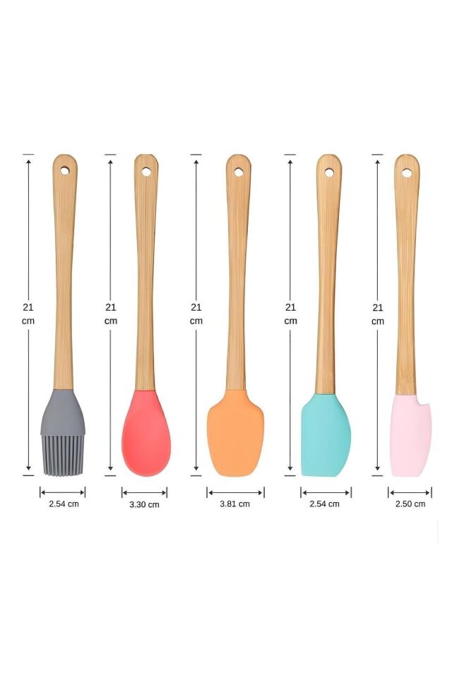 5'li Renkli Bambu Saplı Silikon Uçlu Spatula Fırçalı Kaşık Seti Glrshop