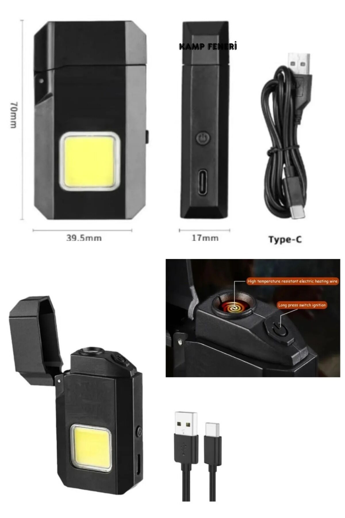 Type-C Şarjlı Kamp Feneri & Elektrikli Çakmak 2’si 1 Arada – Rüzgar Geçirmez – LED Işıklı