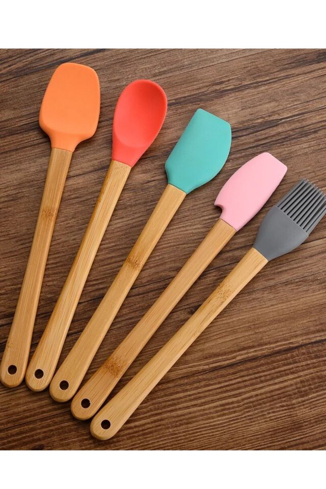 5'li Renkli Bambu Saplı Silikon Uçlu Spatula Fırçalı Kaşık Seti Tek Ebat