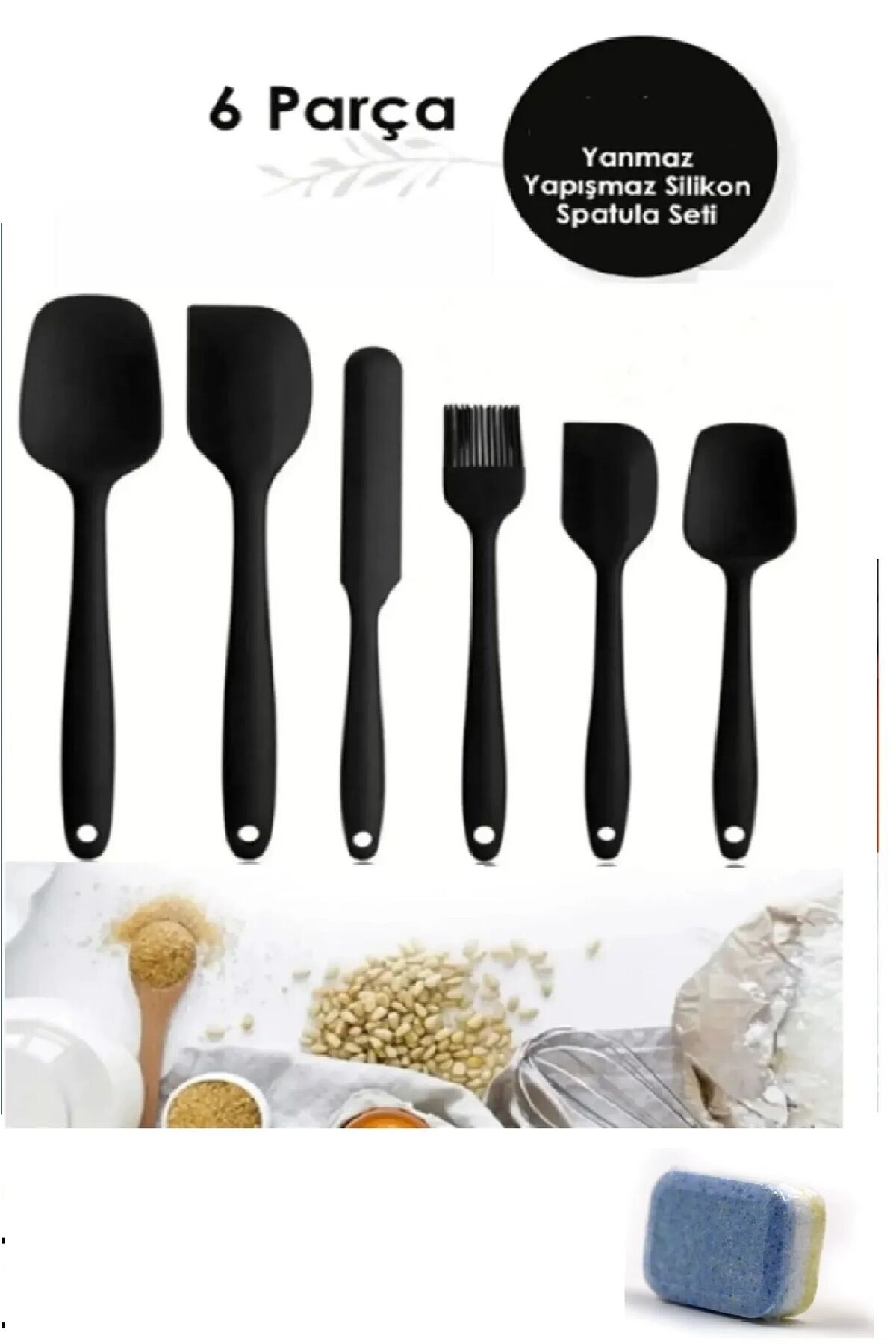 1.kalite 100% Slikon Kutulu Siyah 6lı Yanmaz Yapışmaz Pasta Fırçası Spatula 1 Adet Tablet Hediye Siyah - Tek Ebat