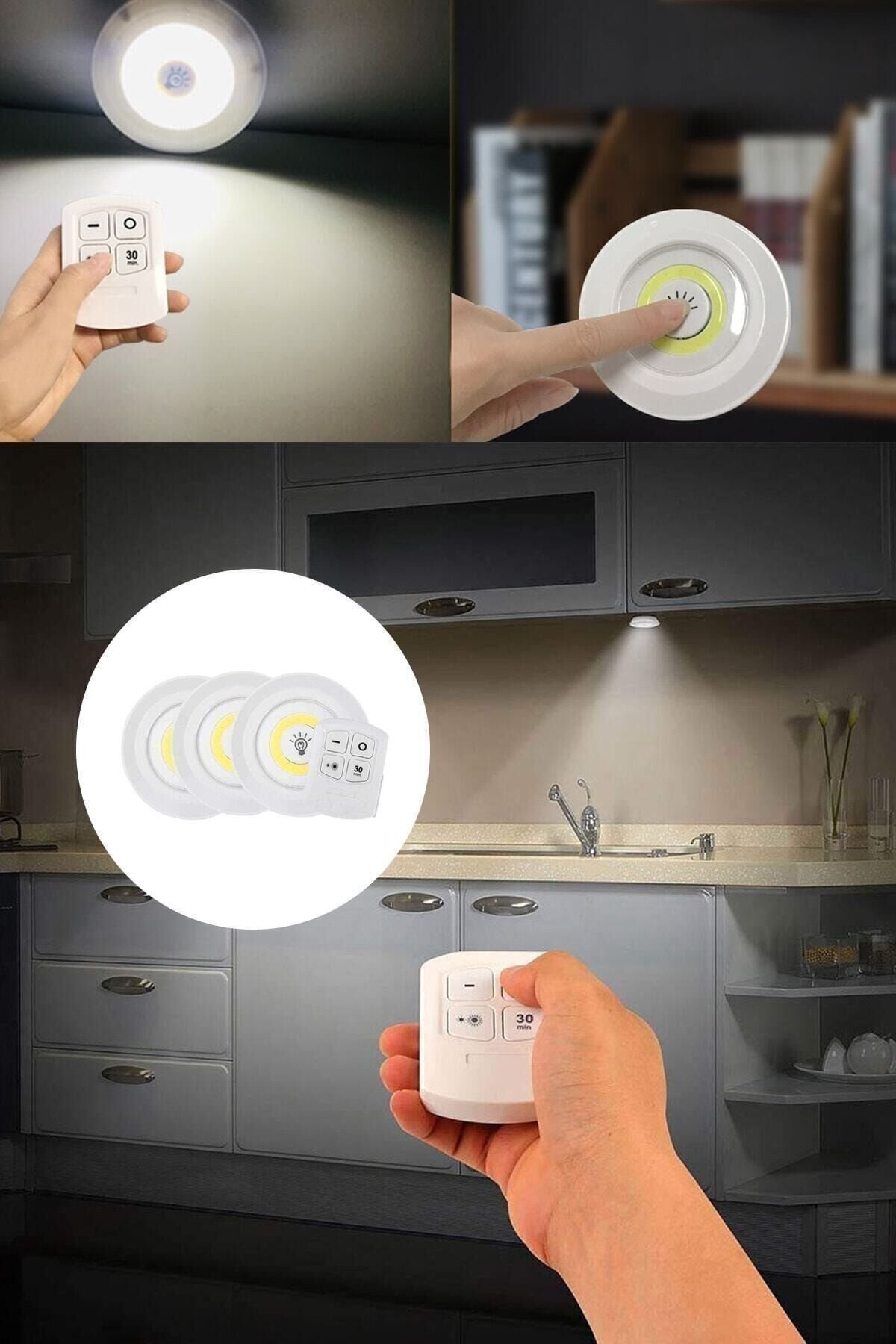 Uzaktan Kumandalı 3 Lü Spot Led Lamba Kablosuz Pilli Işıldak Beyaz - Tek Ebat