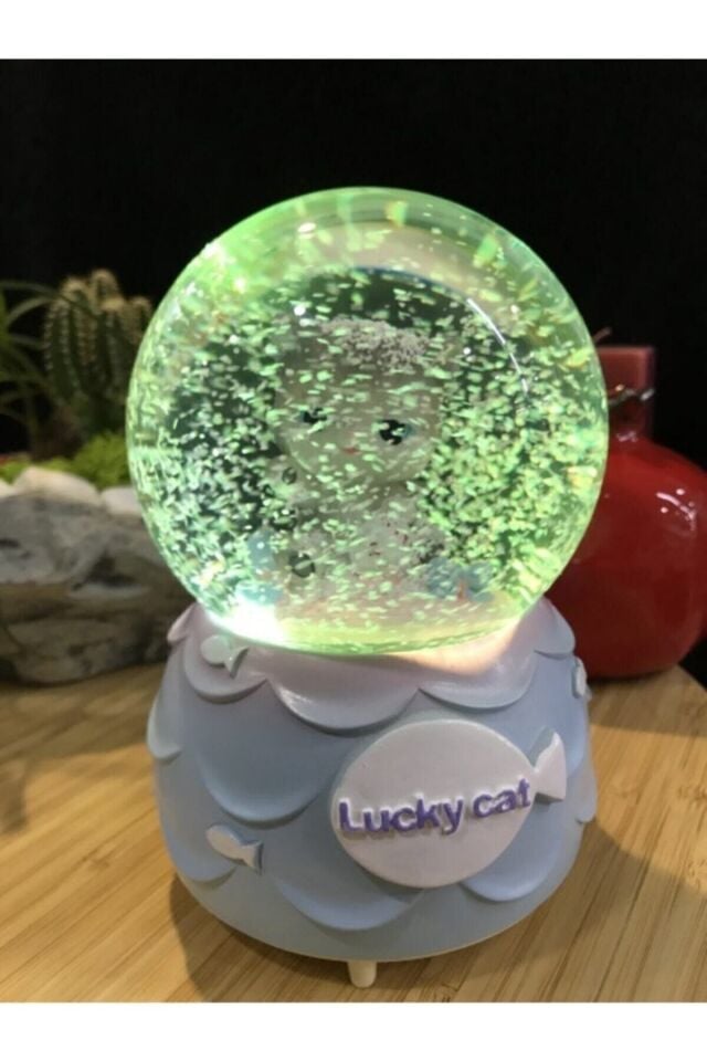 Kar Tanesi Püskürtmeli Işıklı Şanslı Sevimli Kedi Lucky Cat Kar Küresi Müzik Kutusu
