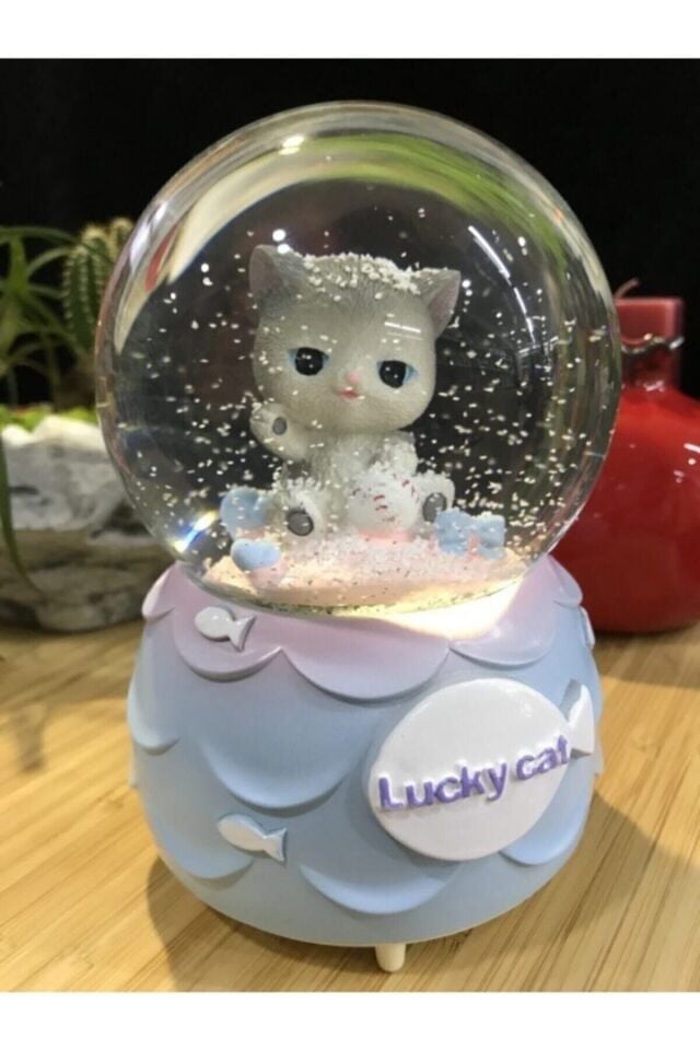 Kar Tanesi Püskürtmeli Işıklı Şanslı Sevimli Kedi Lucky Cat Kar Küresi Müzik Kutusu