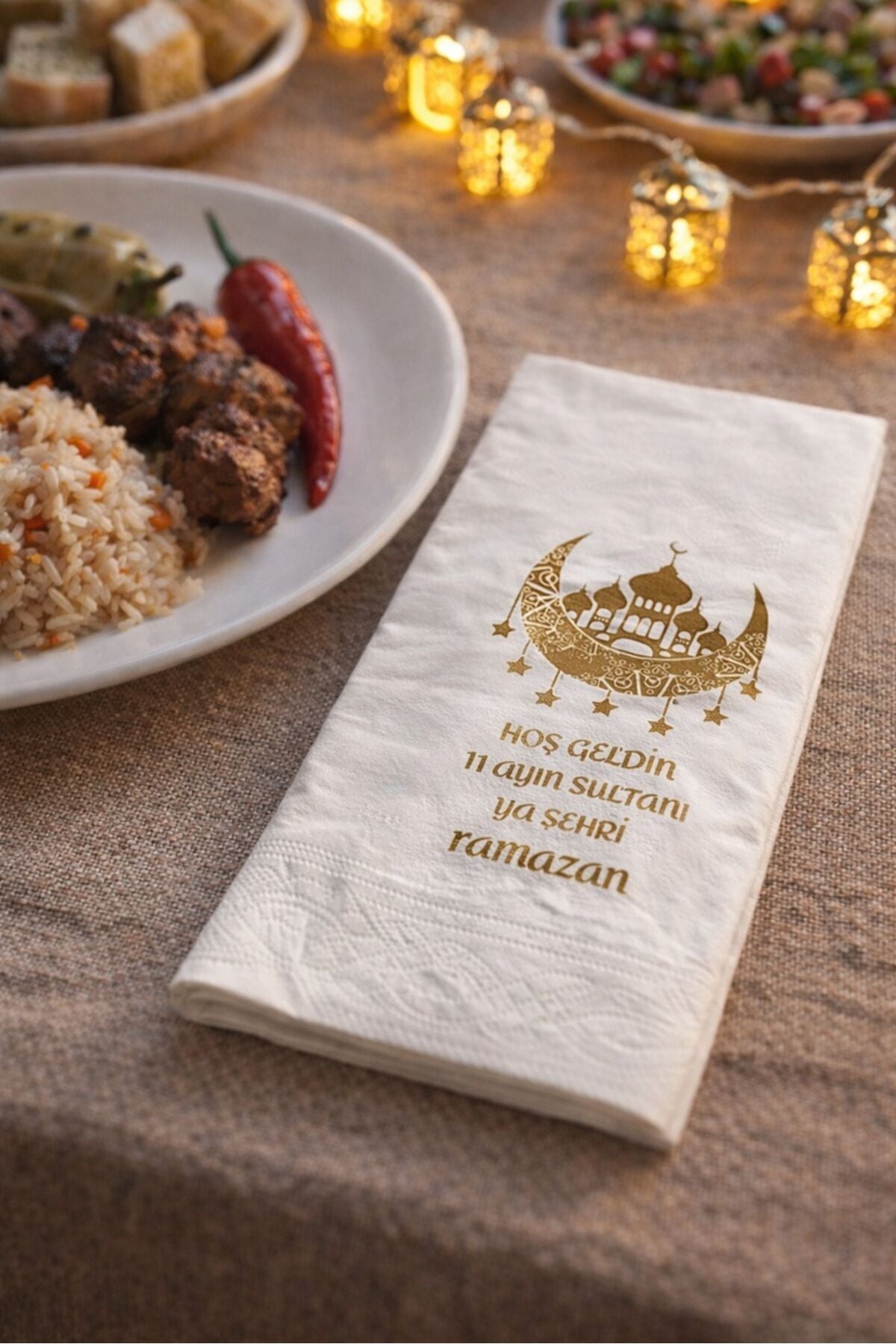 Ramazan Temalı Baskılı Peçete 30’lu Paket – Hoş Geldin 11 Ayın Sultanı Yazılı Sofra Peçetesi
