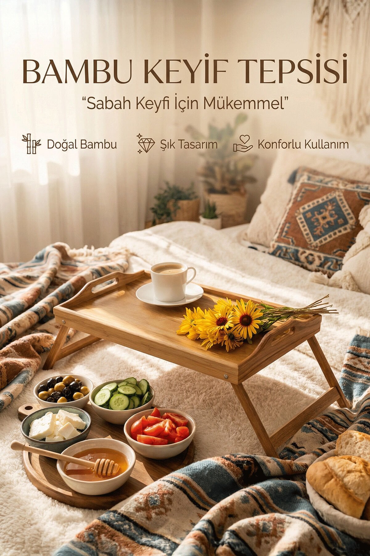 Katlanır Ayaklı Bambu Yatak Keyif Tepsisi (50cm*30cm), Portatif Tepsi