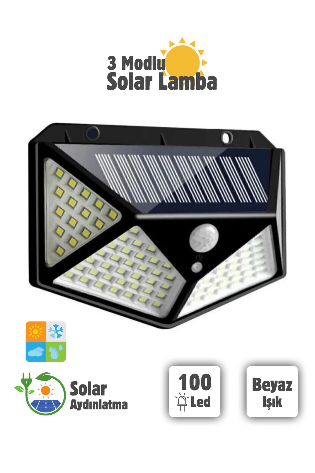 100 Led Solar Pır Hareket Sensörlü Su Geçirmez Duvar Lambası Ip65 Tek Ebat