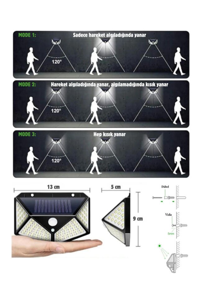 100 Led Solar Pır Hareket Sensörlü Su Geçirmez Duvar Lambası Ip65 Tek Ebat