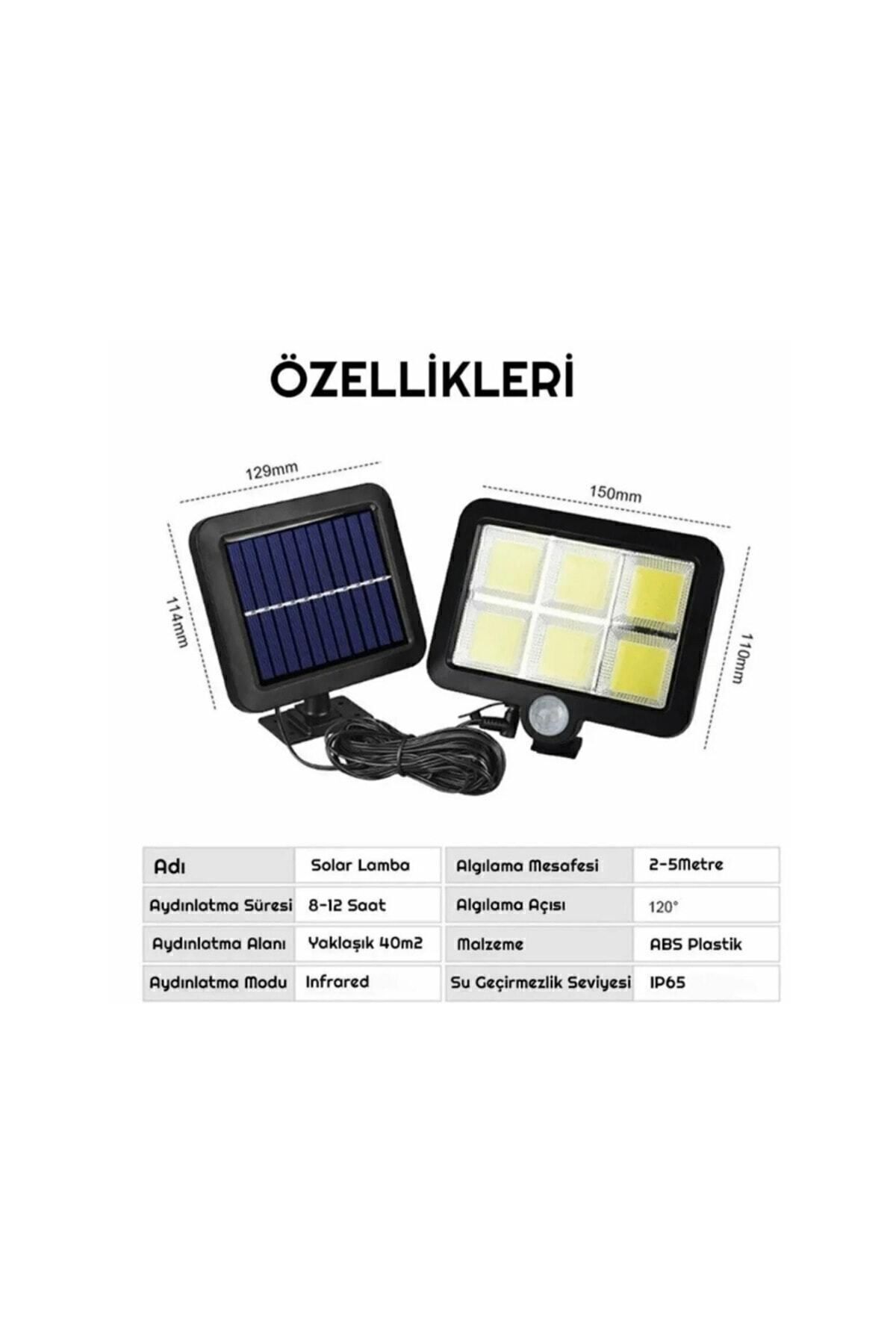 120 Cob Led 4,70 Mt Kablolu Solar Panel Güneş Enerjili 3 Mod Duvar Lambası Tek Ebat