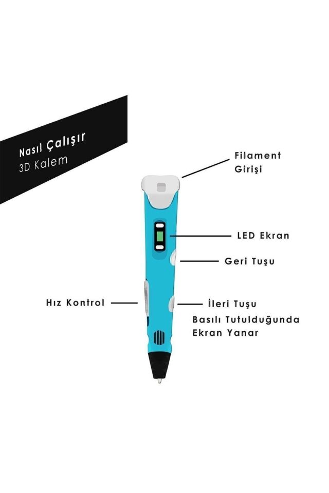 3D Yazıcı Kalem 3D Kalem + 3 Renk 3 Metre Hediye Filament + Adaptör Dahil