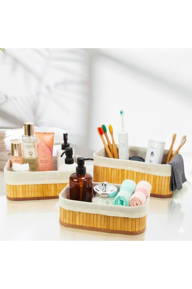 Doğal Bambu Banyo Düzenleyici Sepet Seti 3’lü – Şık & Minimal Tasarım