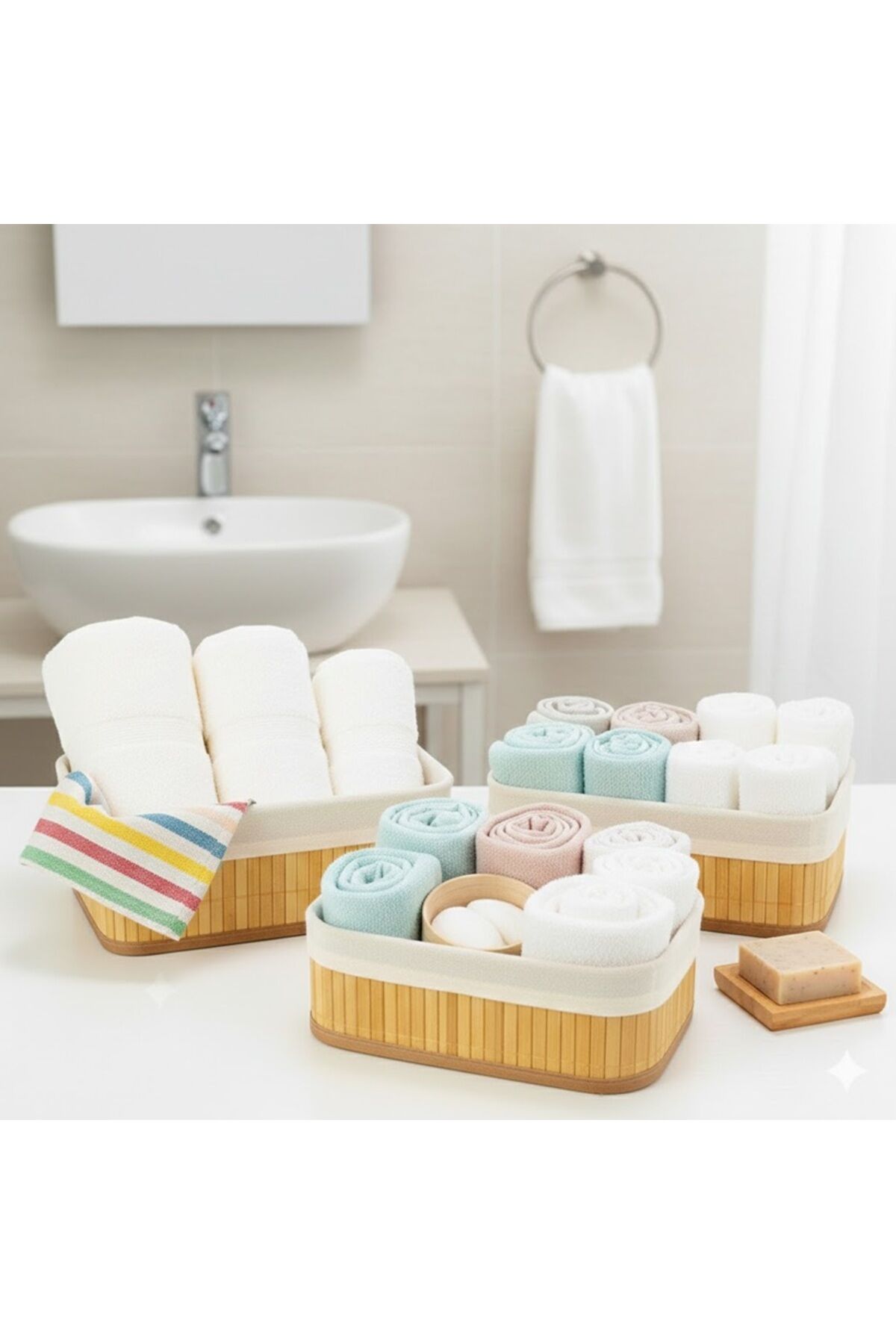 Doğal Bambu Banyo Düzenleyici Sepet Seti 3’lü – Şık & Minimal Tasarım