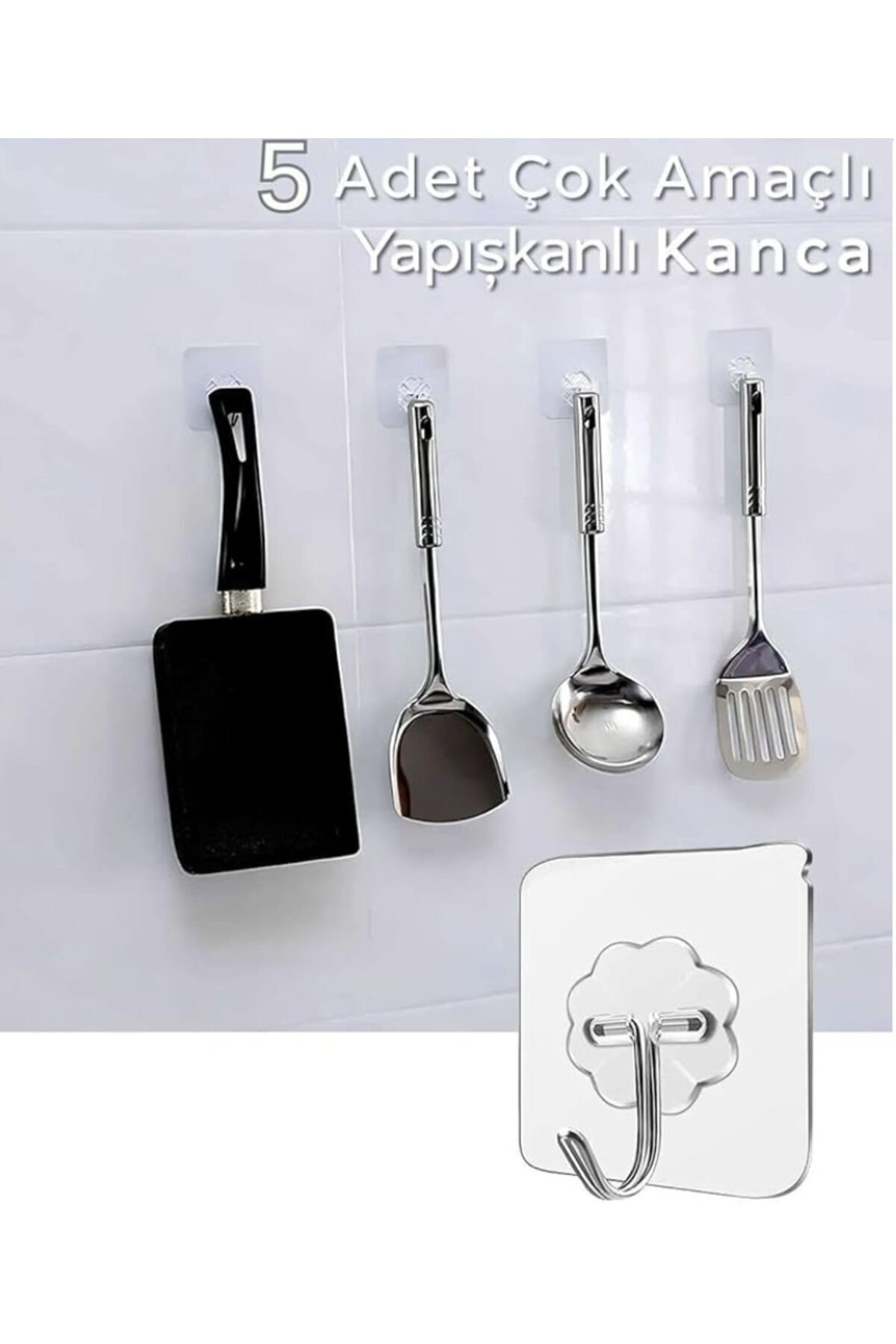 5 Adet Şeffaf Güçlü Kendinden Yapışkanlı Kapı Duvar Askı Kanca Ağır Yük Taşıma şefaf - Tek Ebat