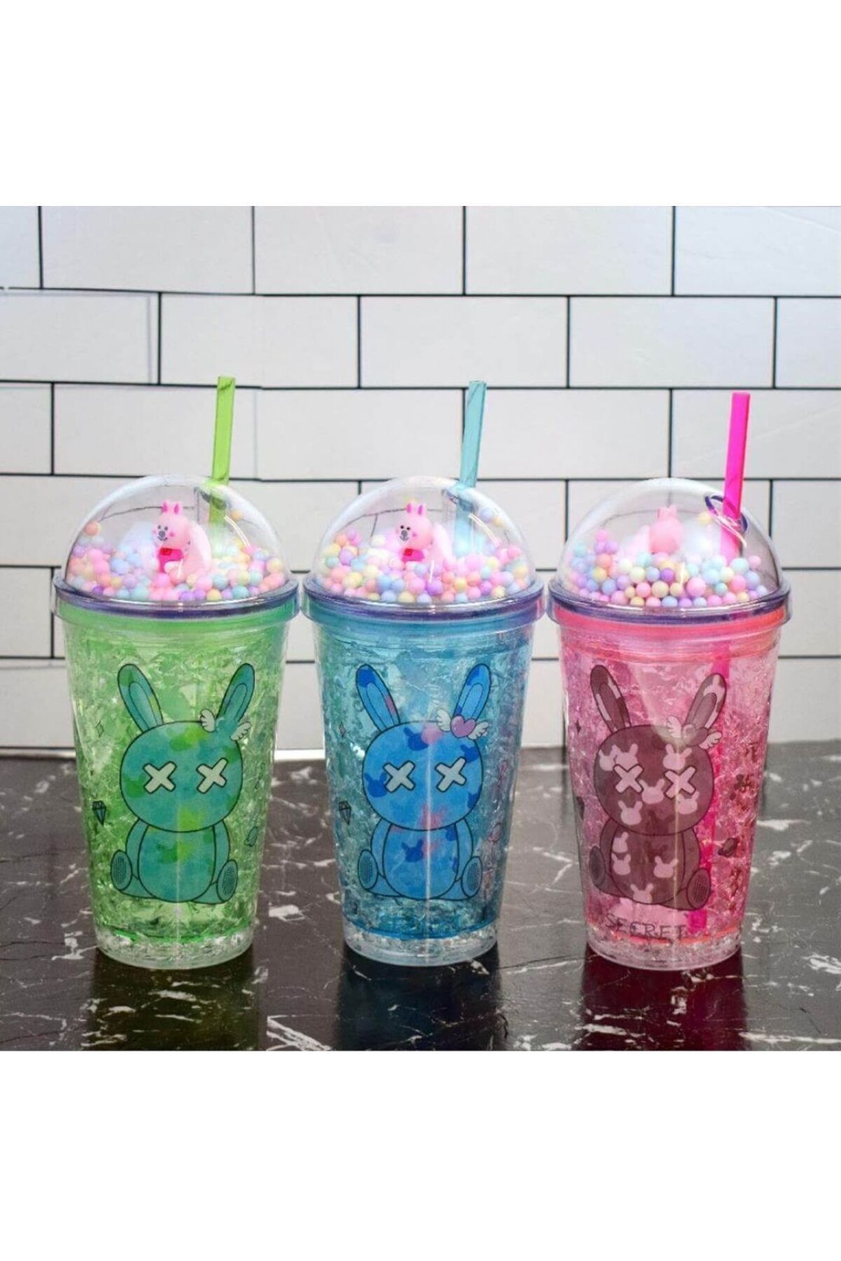 Işıklı  Meyve Desenli Summer Simli-Pullu Pipetli Bardak-Soğuk İçecek Suluk,Lime-Strawberry Kokteyl karşıkrenk - Tek Ebat
