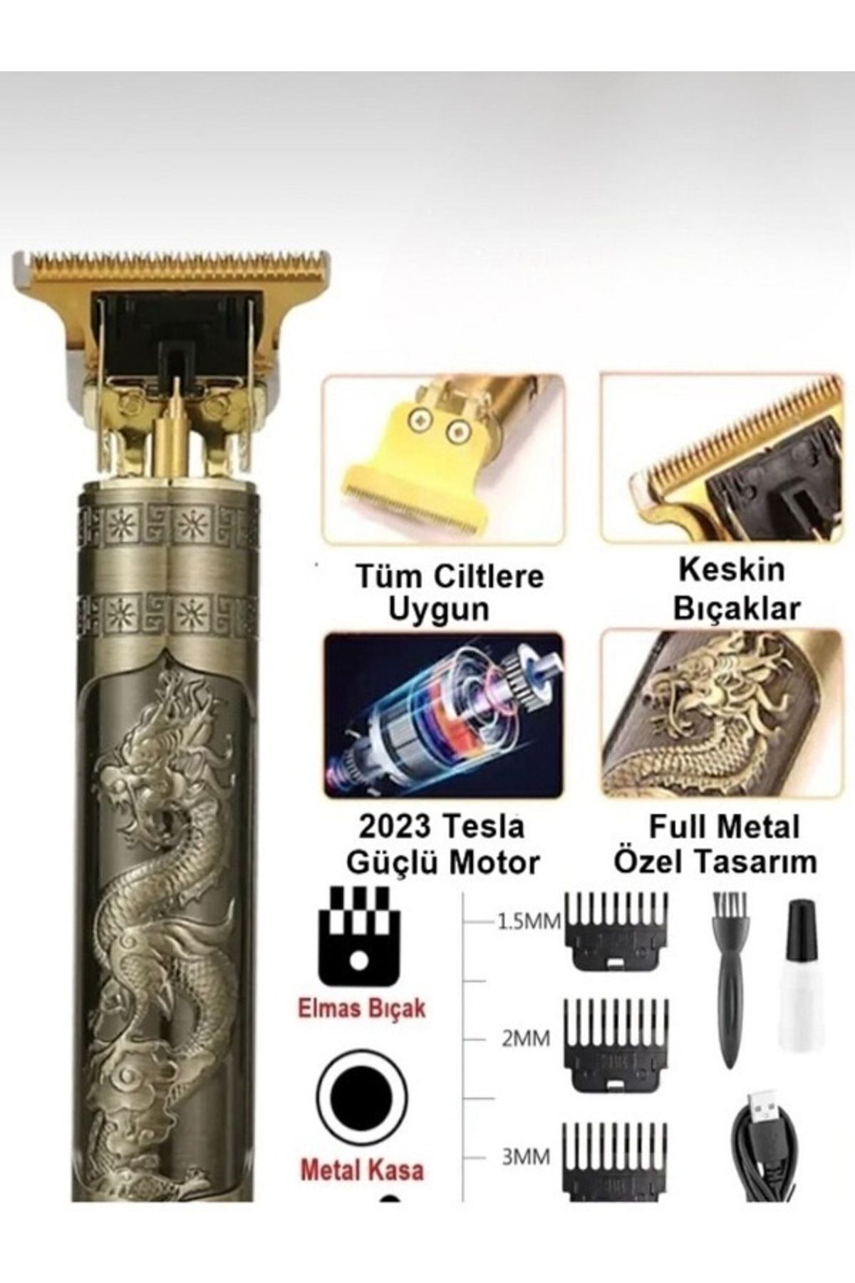 Profesyonel T-bıçaklı Çok Fonksiyonlu Tıraş Makinesi, Saç, Sakal ve Ense Kesim