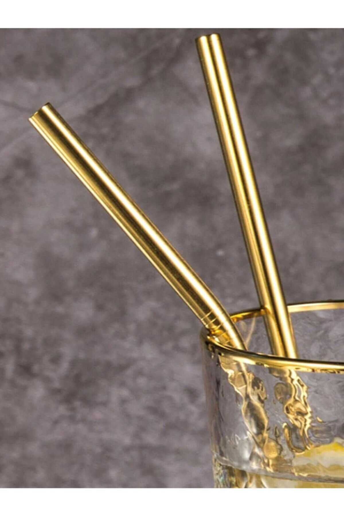 Gold Paslanmaz Çelik Pipet 2li Set Ve Temizleme Fırçası Altın Pipetler Sunum Dekor
