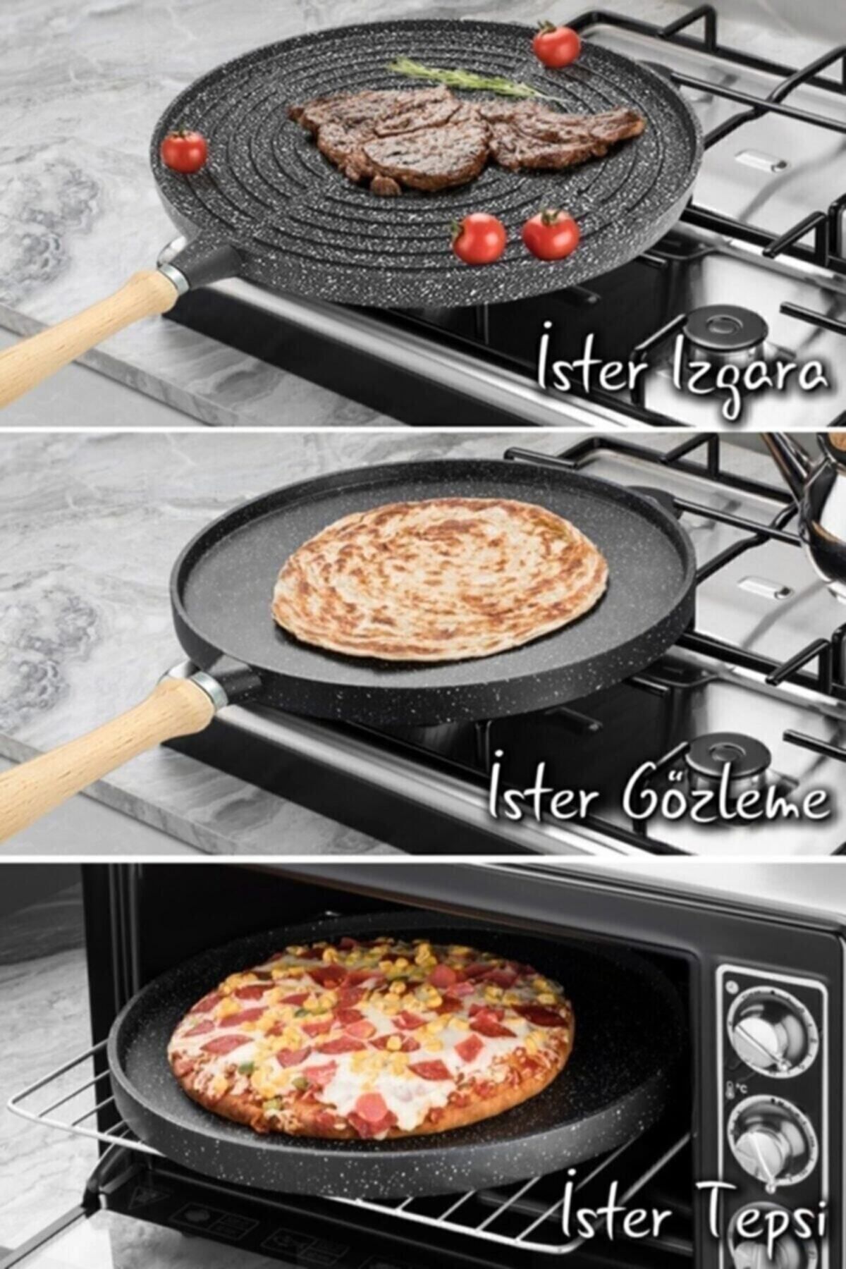 Çift Taraflı Granit Döküm Bazlama Gözleme Izgara Tava Sapı Çıkabilir Fırında Börek Tepsisi SİYAH - Tek Ebat - 33 cm