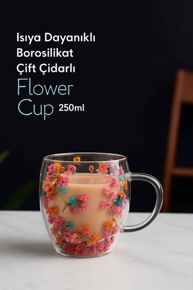 Keyfisepet En Keyifli Sepet Isıya Dayanıklı Borosilikat Çift Çidarlı Flower Cup Çiçekli Bardak RENKLİ - Tek Ebat