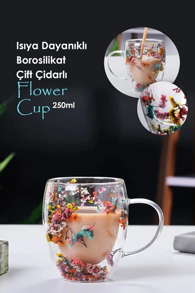 Keyfisepet En Keyifli Sepet Isıya Dayanıklı Borosilikat Çift Çidarlı Flower Cup Çiçekli Bardak RENKLİ - Tek Ebat