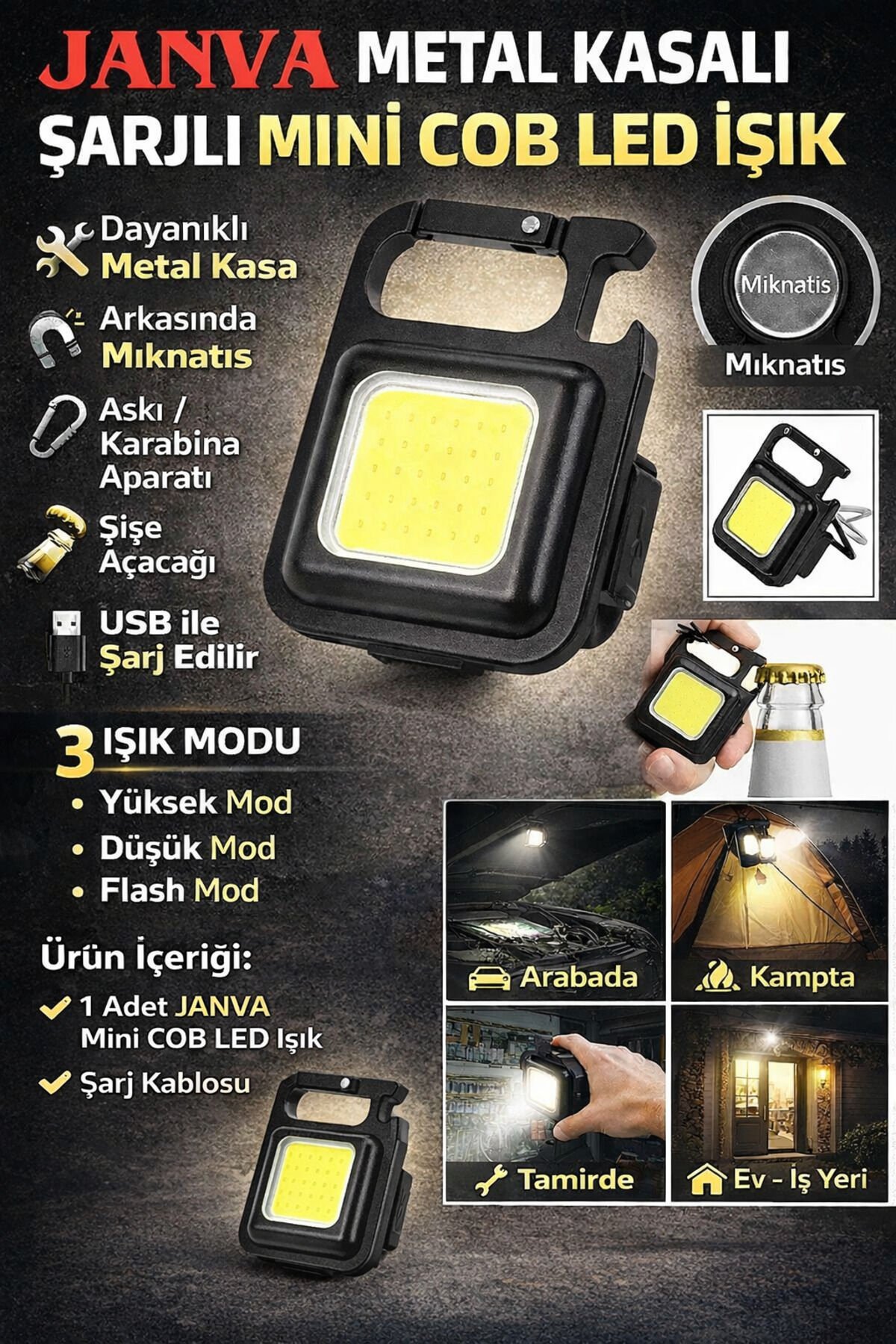 Mini Led El Feneri , Karabinalı, Mıknatıslı , Su Geçirmez , Şişe Açacaklı , Şarjlı 800mah