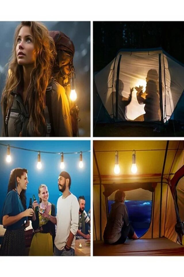 Taşınabilir Solar Şarjlı LED Ampul Askılı Kamp Lambası Powerbank Girişli Outdoor & Acil Durum İçin