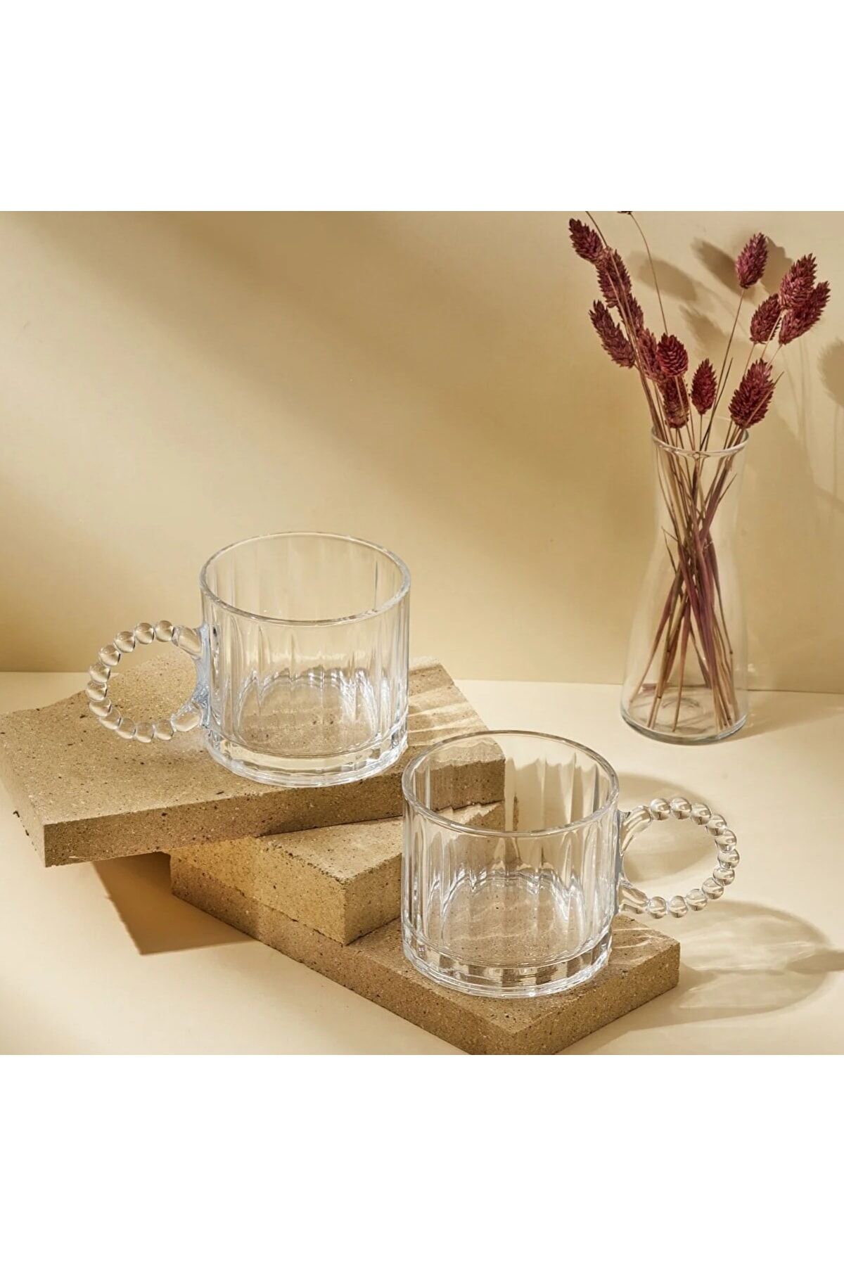 Lüx Özel Tasarım Ringo Line 2'li 325 ml Cam Kupa Bardak Boncuklu Kulp Mug
