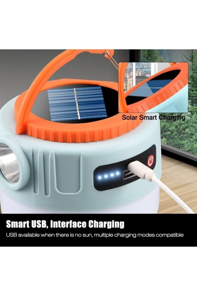 Kamp Lambası Solar Güneş Enerjili Ampül Led Şarjlı El Feneri 1200 mAh Powerbank 6 Mod