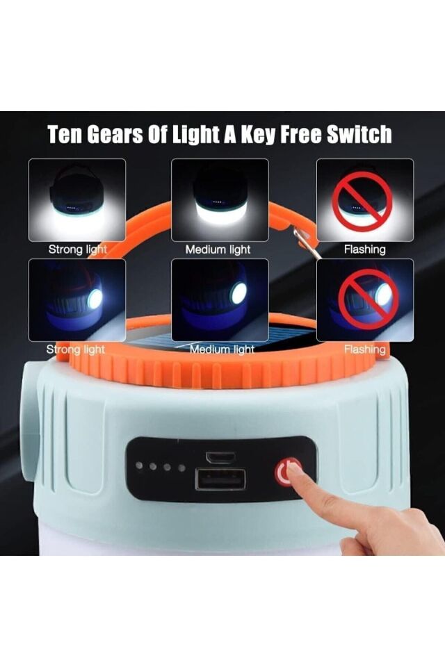 Kamp Lambası Solar Güneş Enerjili Ampül Led Şarjlı El Feneri 1200 mAh Powerbank 6 Mod