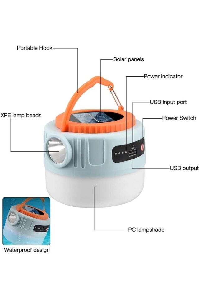Kamp Lambası Solar Güneş Enerjili Ampül Led Şarjlı El Feneri 1200 mAh Powerbank 6 Mod