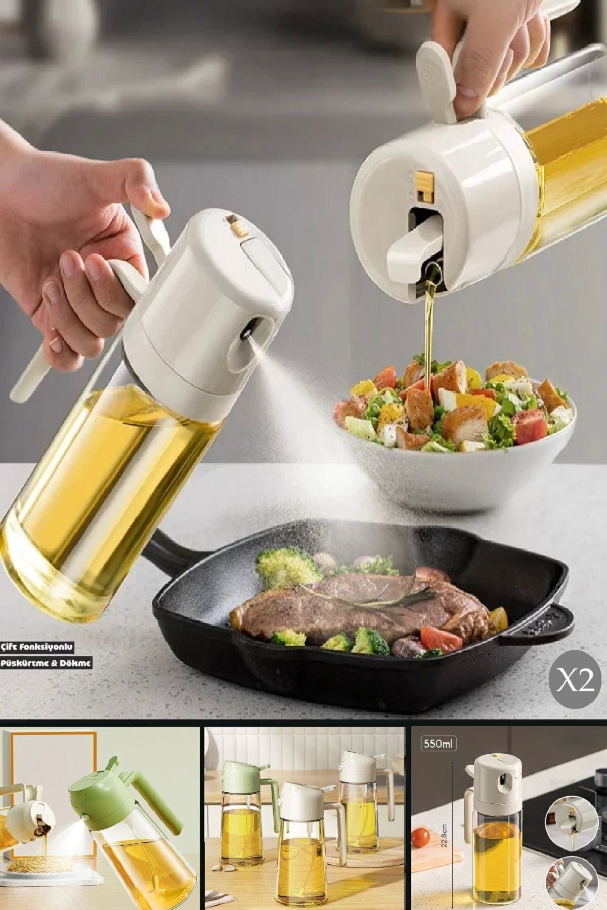 Çift Fonksiyonlu Cam Yağdanlık 550ml Zeytinyağı Sıvıyağ Şişesi Airfryer Sprey Beyaz Yağlık Sirkelik Siyah - Tek Ebat