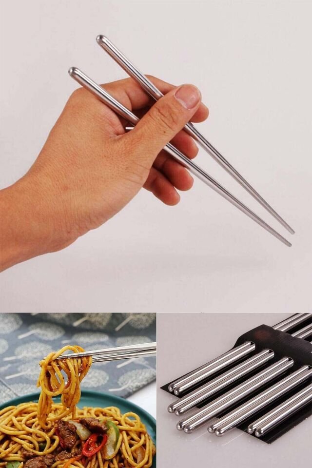 Metal Chopstick Paslanmaz Çelik Çin Çubuğu 5'li Gri - Tek Ebat