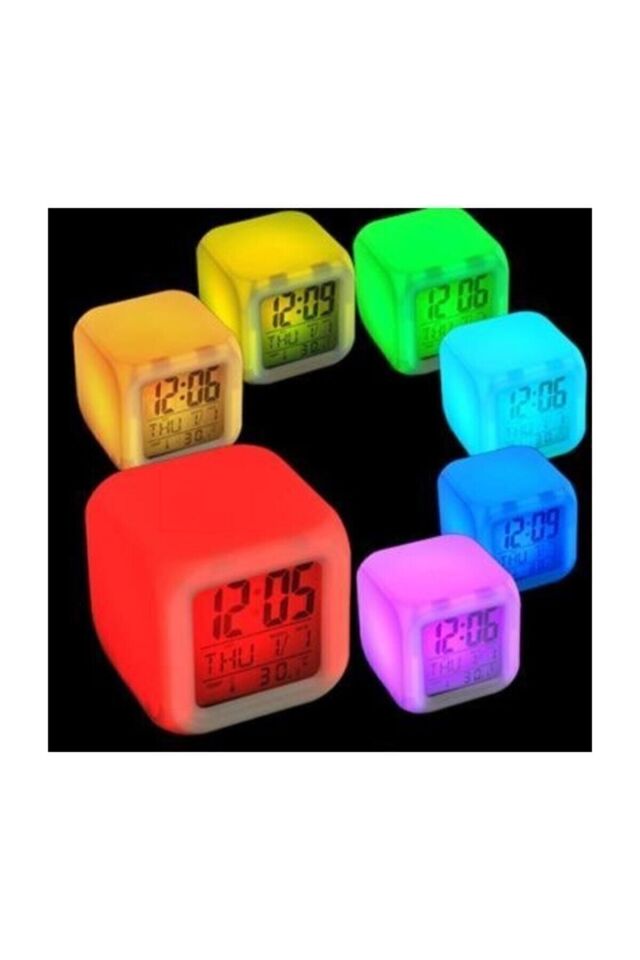 Çalar Masa Renk Değiştiren Küp Saat Alarm Clock Takvim NoColor-501736c7 - Tek Ebat
