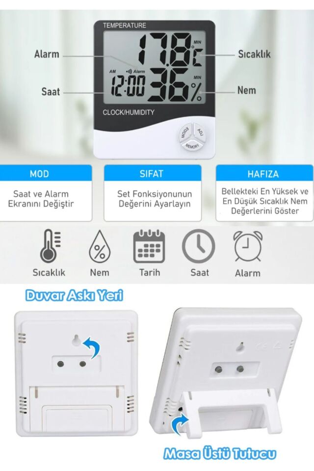 Dijital Termometre Higrometre Hava Istasyon Oda Iç Dış Mekan Sıcaklık Nem Ölçer Lcd Saat Alarm Tek Ebat