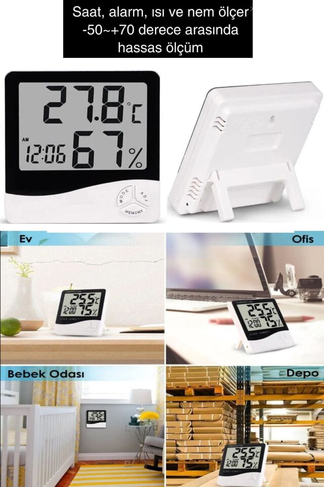 Dijital Termometre Higrometre Hava Istasyon Oda Iç Dış Mekan Sıcaklık Nem Ölçer Lcd Saat Alarm Tek Ebat