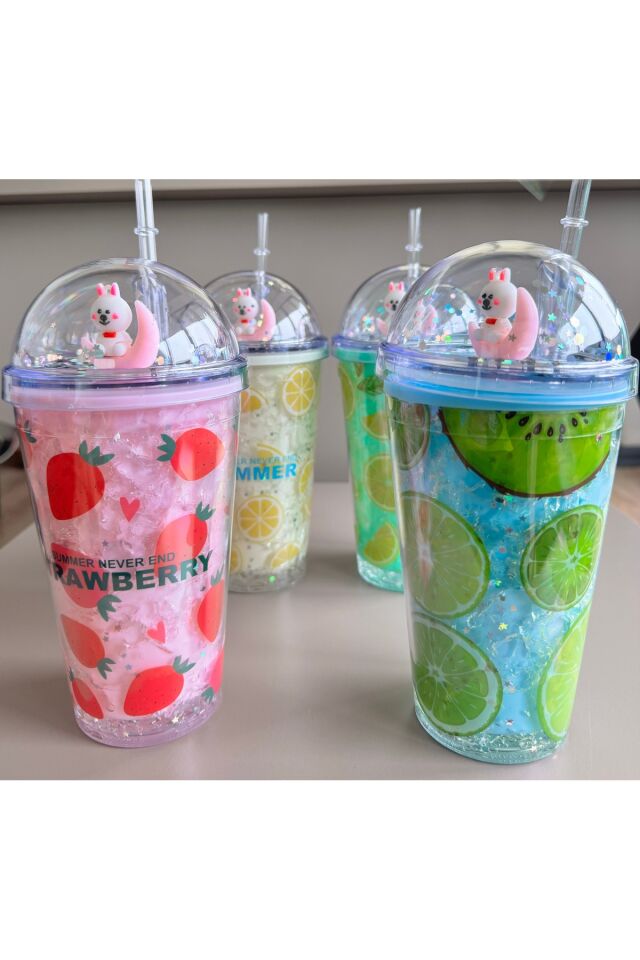 Meyve Desenli Summer Simli-Pullu Pipetli Bardak-Soğuk İçecek Suluk,Lime-Strawberry Kokteyl MAVİ - Tek Ebat