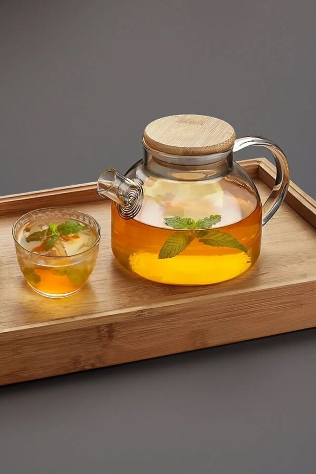 Cambu Bambu Zarafeti, Isıya Dayanıklı 900 ml Süzgeçli Cam Demlik Bitki Çayları ,Borosilikat , Sürahi Tek Ebat