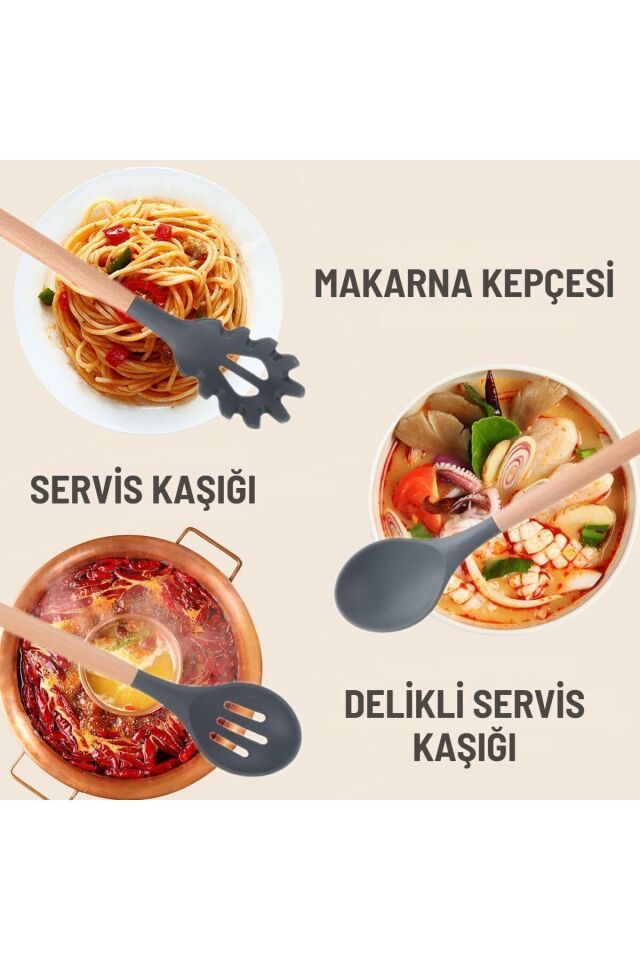 Neo Isıya Dayanıklı Silikon Yanmaz, Çizmez, Yapışmaz 12'li Gri Silikon Mutfak Seti Gri - Tek Ebat