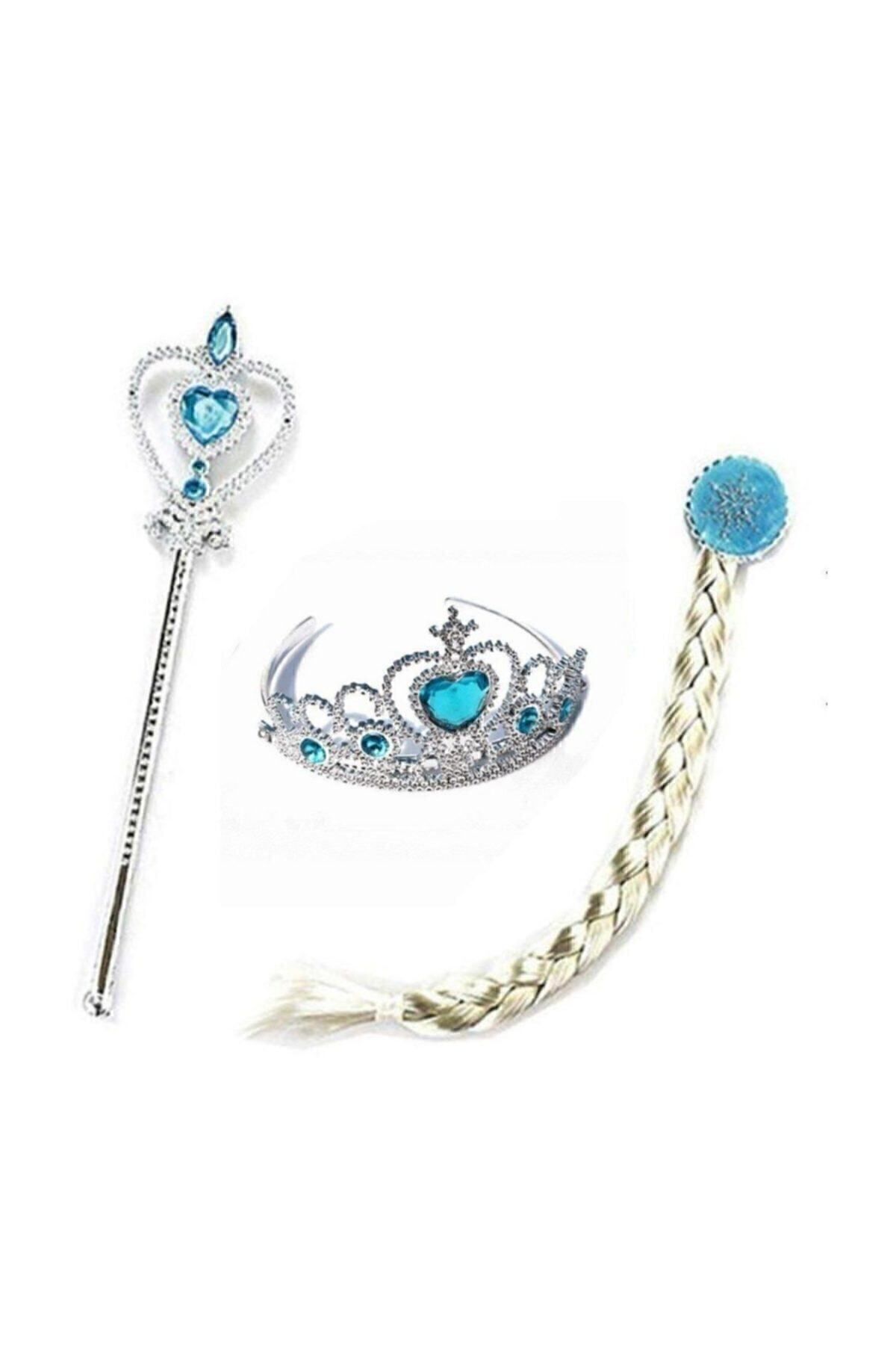Çocuk Karlar Ülkesi Frozen Elsa Anna Sihirli Asa Saç Ve Taç Seti koza gift Mavi - Tek Ebat