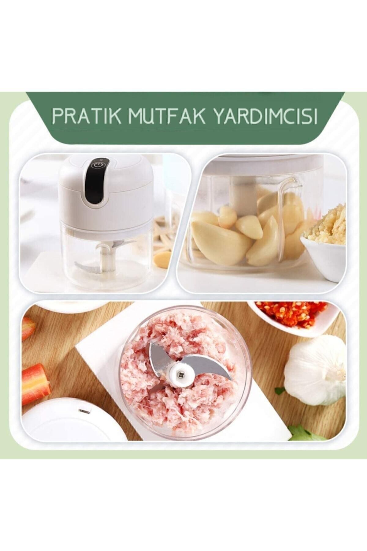 0-250 ml Şarjlı Pratik Mini El Rondosu 250ml 2 Yıl Beyaz-Yeşil 2 Bıçaklı İthalatçı Garantili