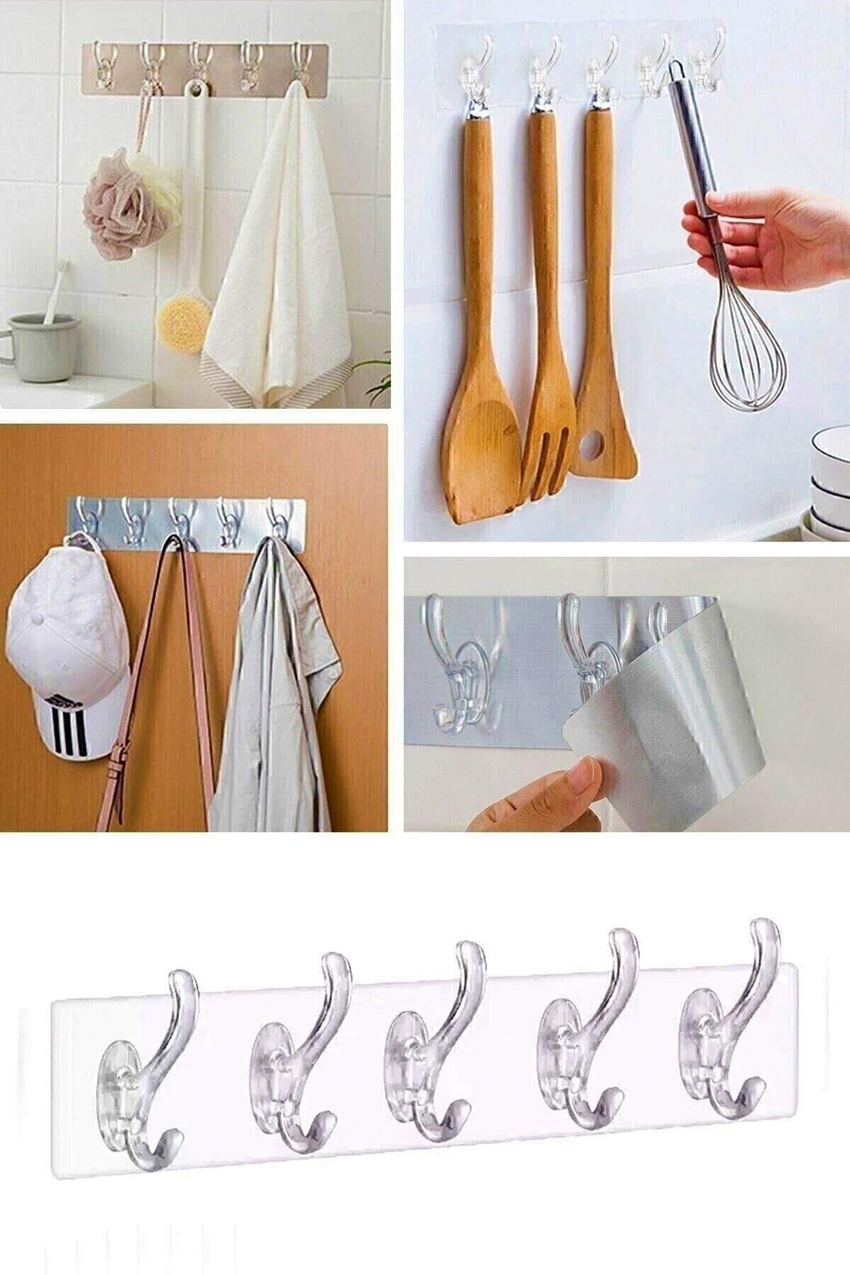 TAYEM 5'li Kendinden Yapışkanlı Güçlü Şeffaf Askılık - Kapı Arkası Mutfak Duvar Banyo Vs...