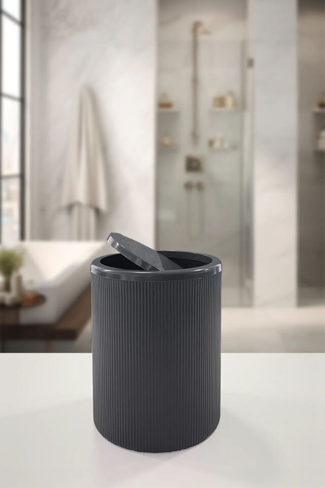 Şık Siyah Çizgili Yuvarlak 8L Çöp Kutusu, Eco Kapaklı, Banyo ve Mutfak İçin SİYAH - Tek Ebat - 20 x 8