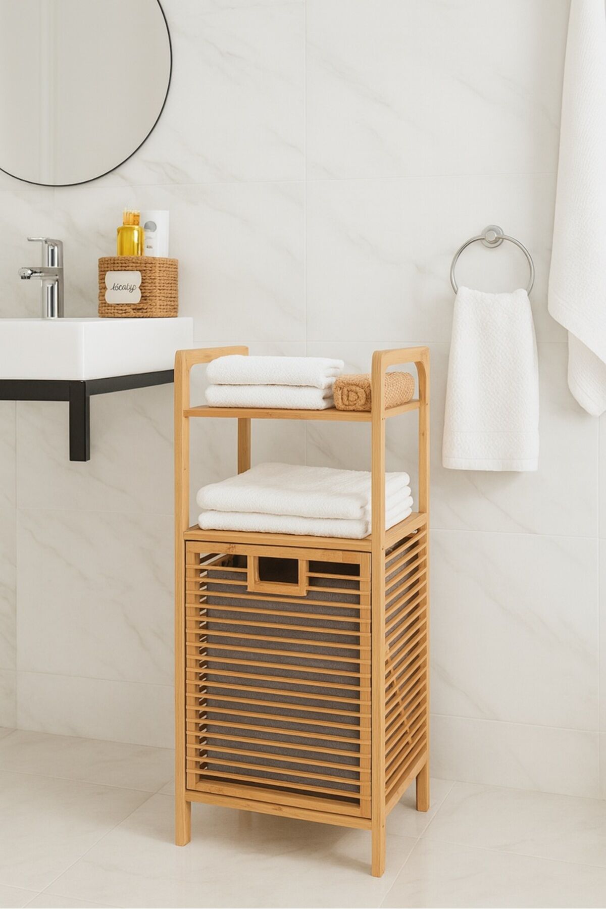 Bambu Çamaşır Sepeti ve Raflı Banyo Düzenleyici – Kapaklı Kirli Çamaşır Sepeti Dolabı