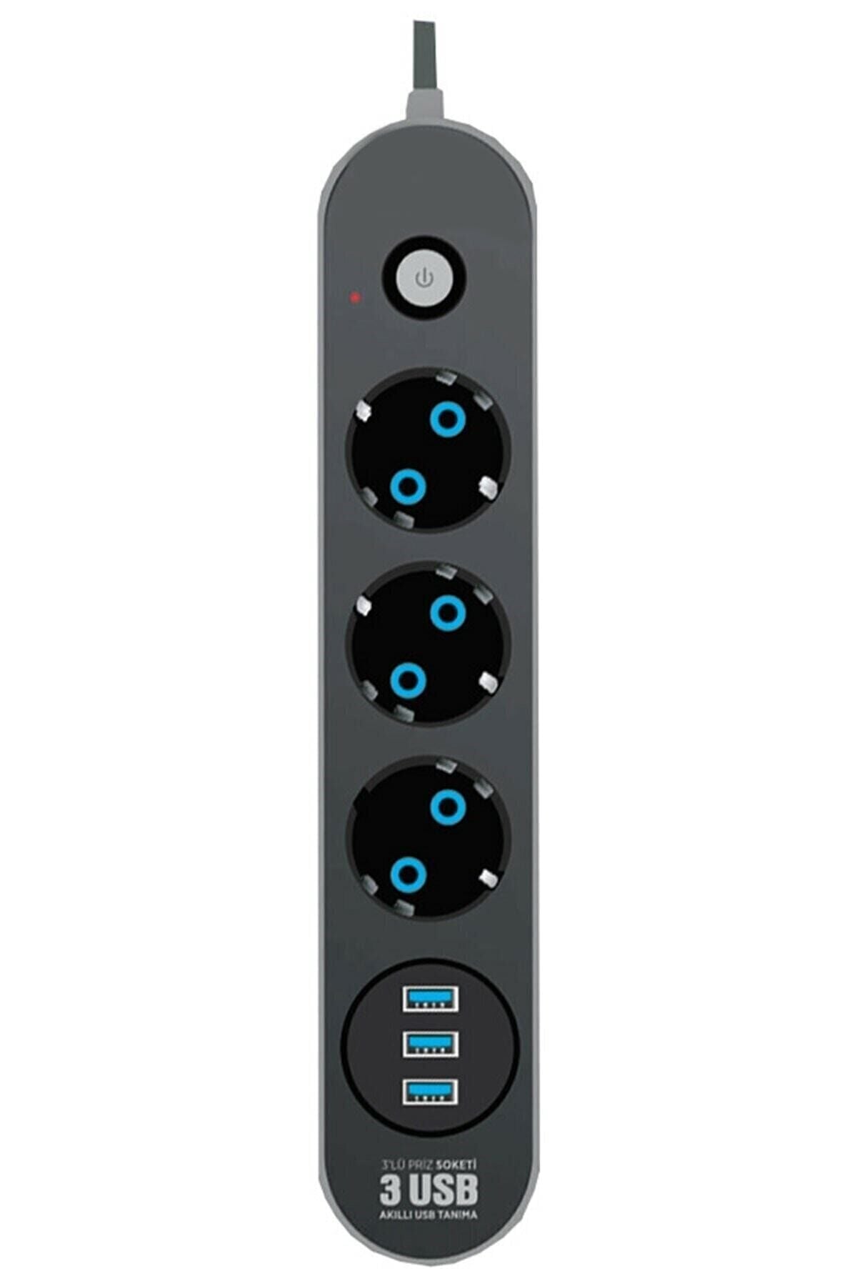 3 Usb'li 3'lü Çoklu Priz 2 M Kablolu Akım Korumalı Anahtarlı Uzatma Grup Priz
