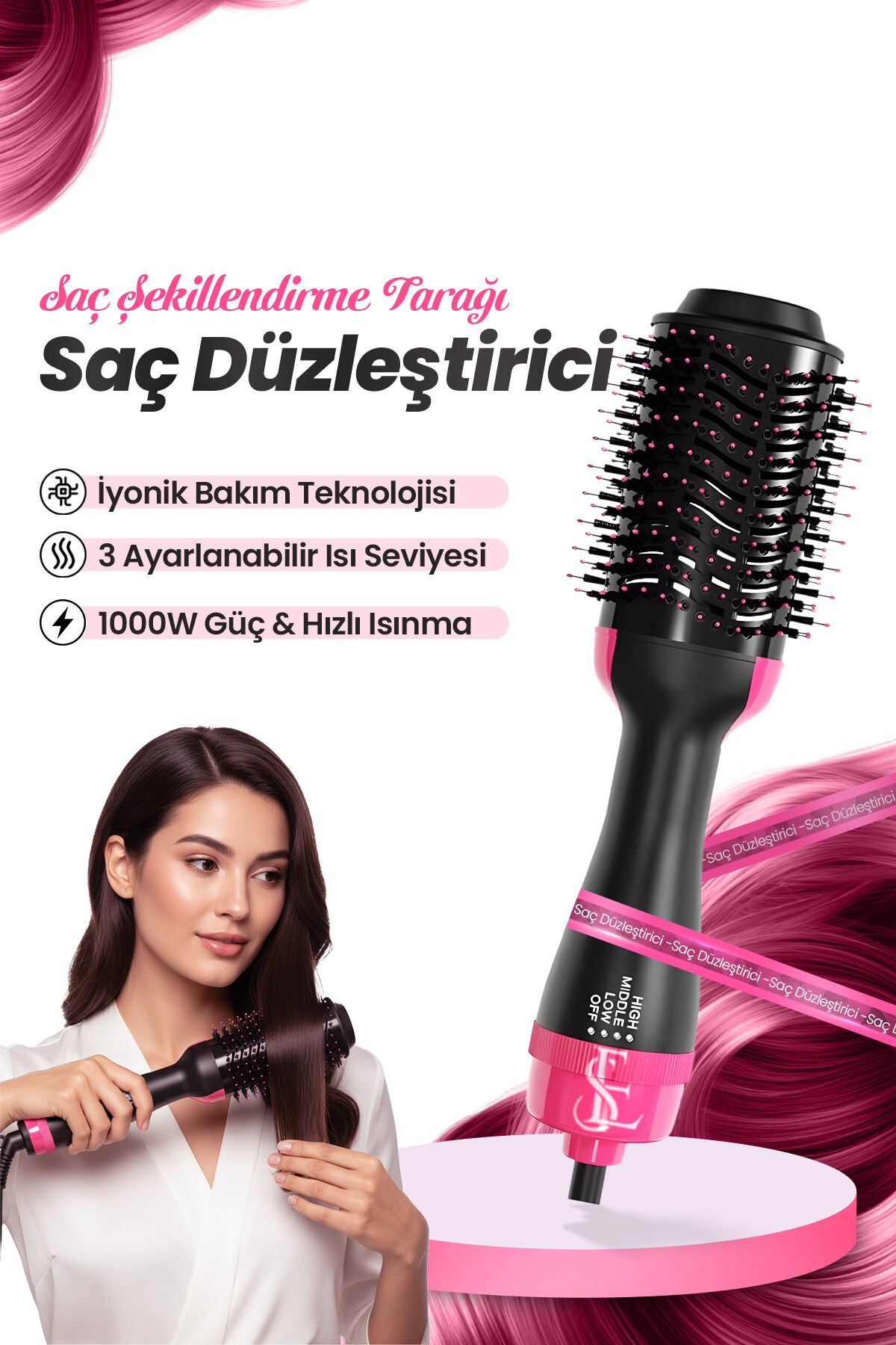 Pro Saç Düzleştirici Şekillendirici Saç Düzleştirici Siyah/Pembe - Tek Ebat