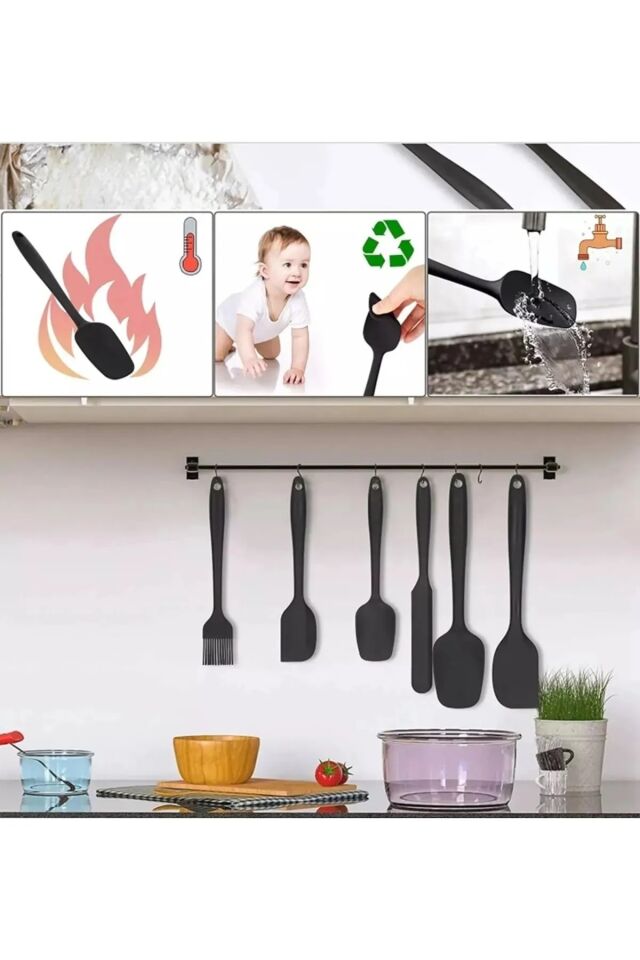 Isıya Dayanıklı Yanmaz Yapışmaz Silikon Spatula Seti 6 Parça Siyah siyah - Tek Ebat