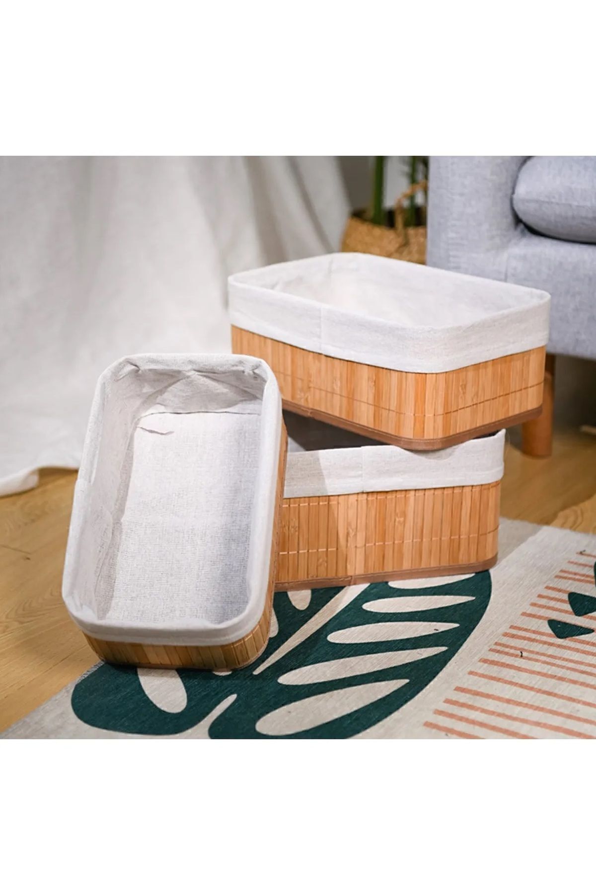 Bambu 3 Lü Sepet Banyo Sepeti Mutfak Sepeti BAMBU - Tek Ebat - 35 x 27 x 22