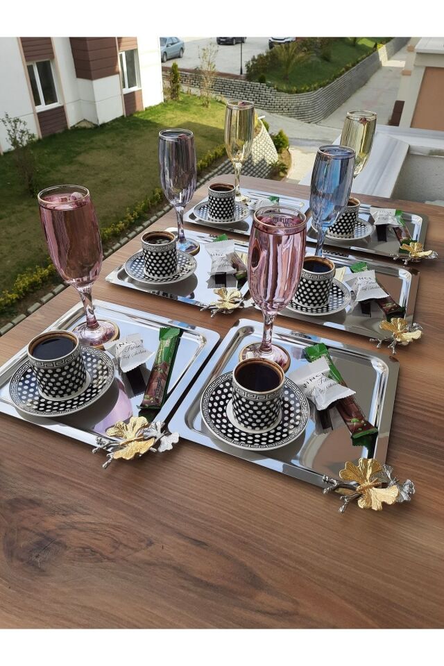 Paslanmaz Çelik Kare 6’lı Sunum Tepsisi Kelebek Aksesuarlı Ikramlık Sunumluk Kahve Ve Çay Sunum GÜMÜŞ - Tek Ebat - 22 x 20