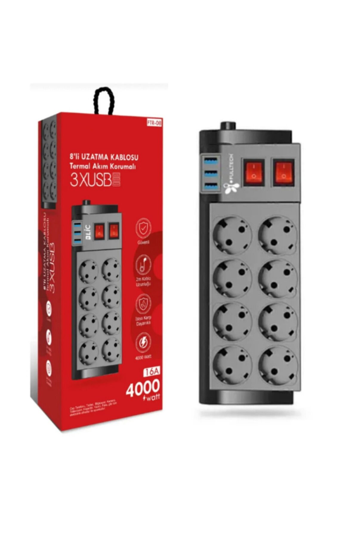 Siyah Termal Akım Çocuk Korumalı 8'li Priz 3 Usb'li 4000W 2M Uzatma Kablolu Priz ftr08